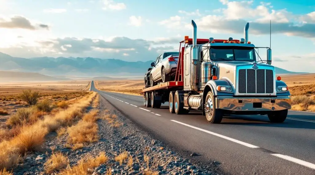 A modern flatbed tow truck transporting a sedan on a highway under clear skies, departing San Diego for long distance towing.