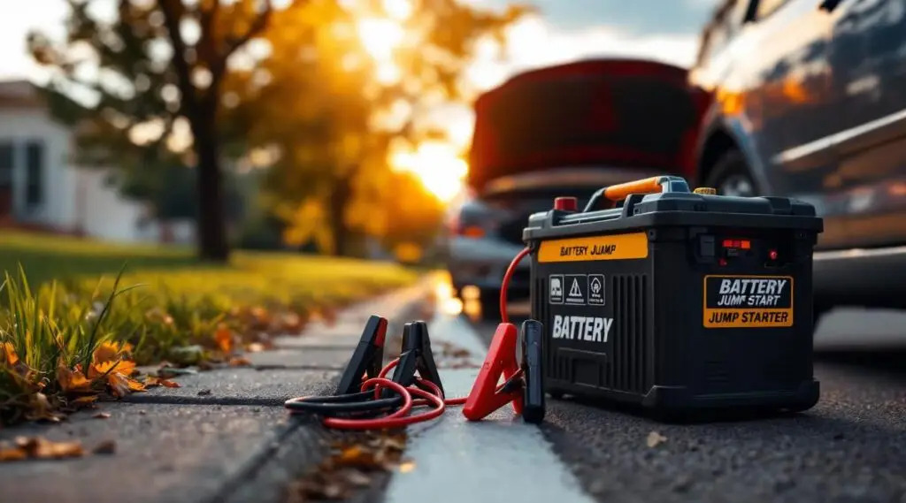 Roadside technician using a professional jump pack on a car battery at dusk in San Diego with amber warning lights.