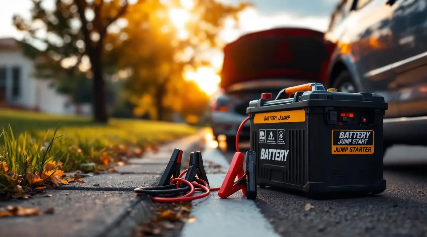 Roadside technician using a professional jump pack on a car battery at dusk in San Diego with amber warning lights.