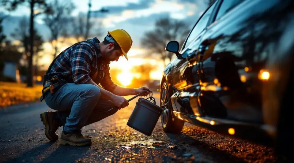 A professional roadside technician using specialized lockout tools to safely unlock a vehicle on a busy San Diego street.