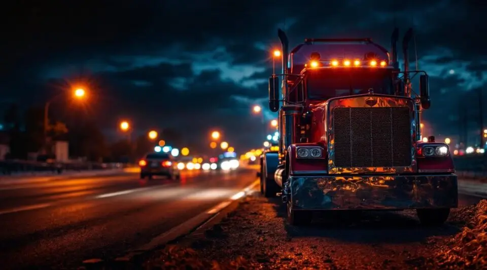 A flatbed tow truck with amber lights flashing loading a disabled sedan on a San Diego freeway shoulder at night.
