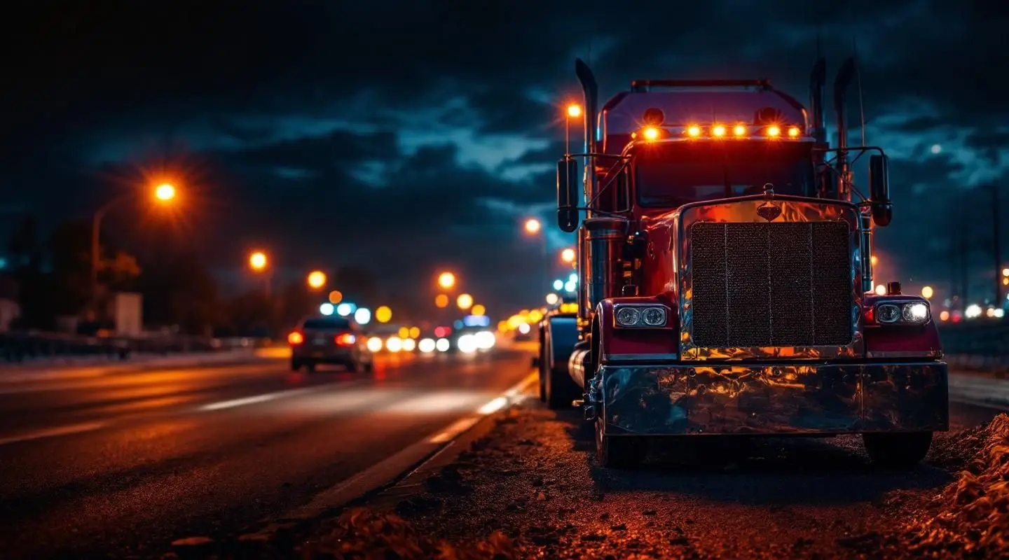 A flatbed tow truck with amber lights flashing loading a disabled sedan on a San Diego freeway shoulder at night.
