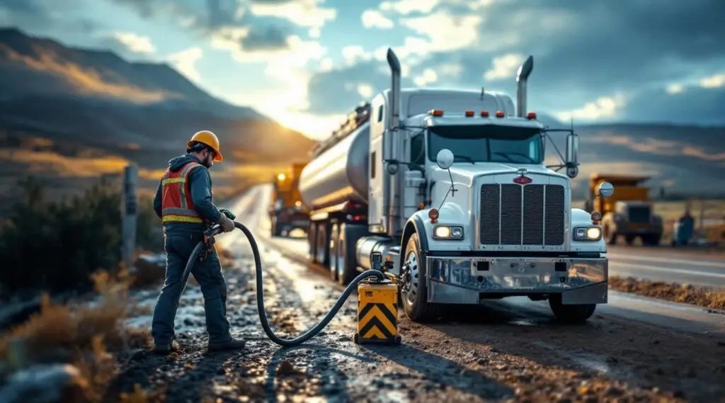 Roadside technician delivering emergency fuel to a stranded vehicle on a San Diego highway shoulder under twilight safety lights.
