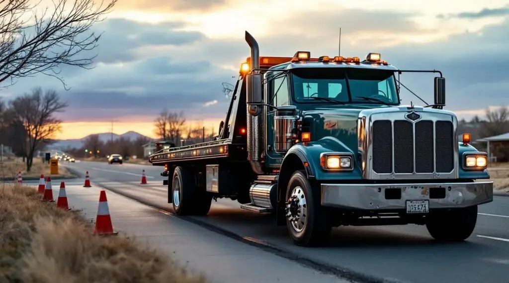A modern flatbed tow truck loading a luxury sedan safely on a San Diego highway under clear skies, professional mood.