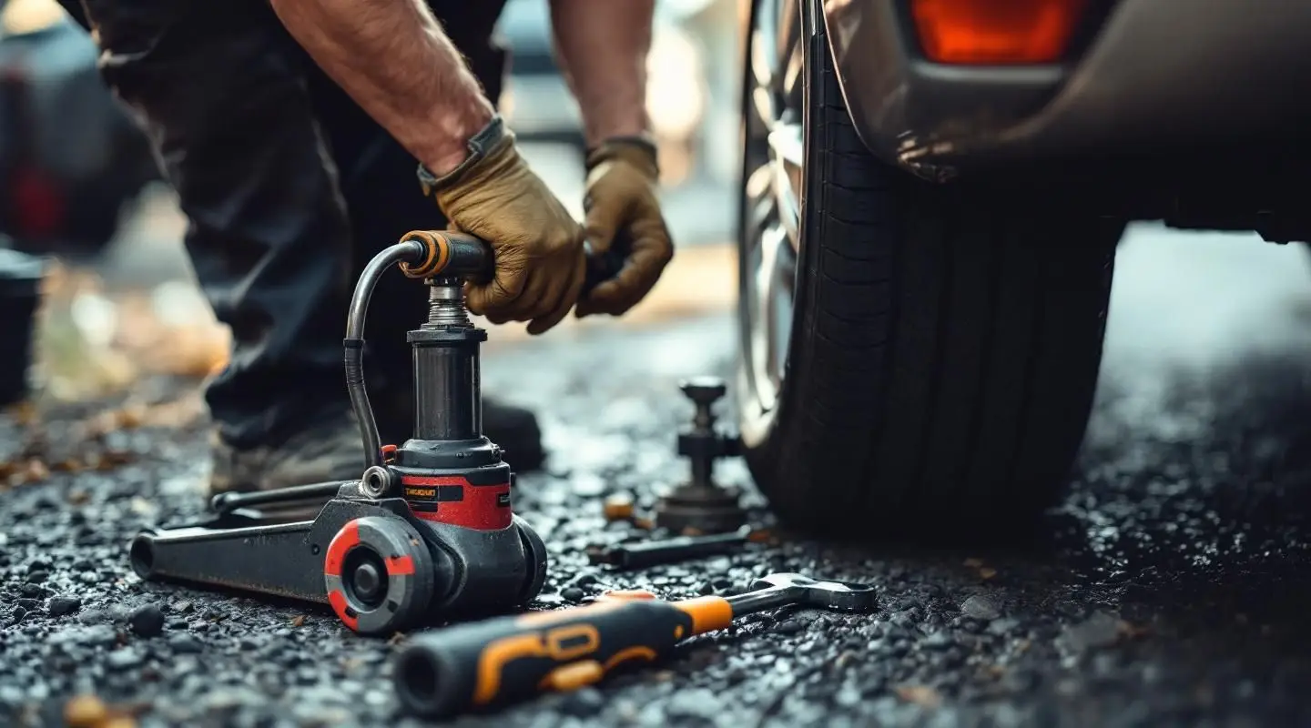 Roadside assistance technician using a jack and impact wrench to change a flat tire on a car shoulder in San Diego at dusk.