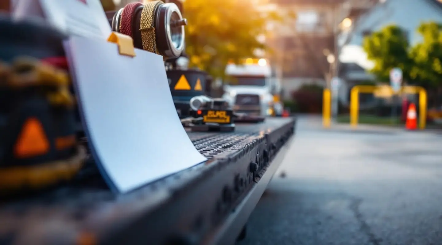 Flatbed tow truck operator removing an illegally parked car from a private lot in San Diego under bright daylight.