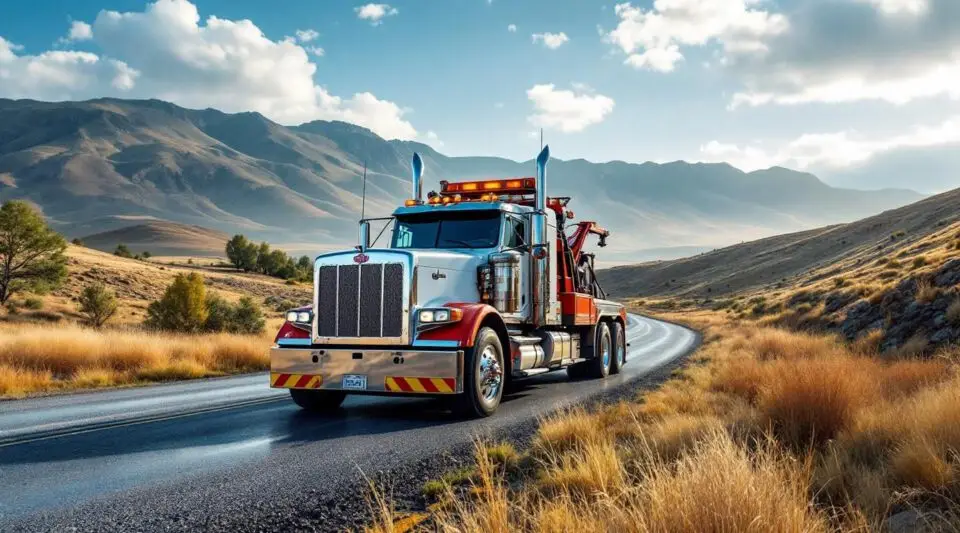 A heavy-duty wrecker tow truck performing a precise vehicle recovery on a San Diego highway shoulder under twilight skies.