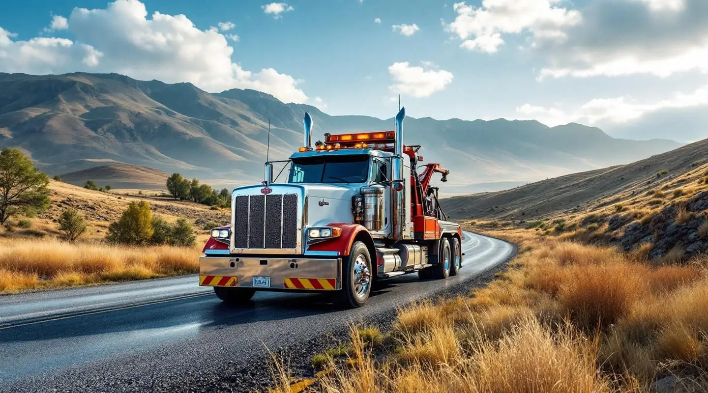 A heavy-duty wrecker tow truck performing a precise vehicle recovery on a San Diego highway shoulder under twilight skies.