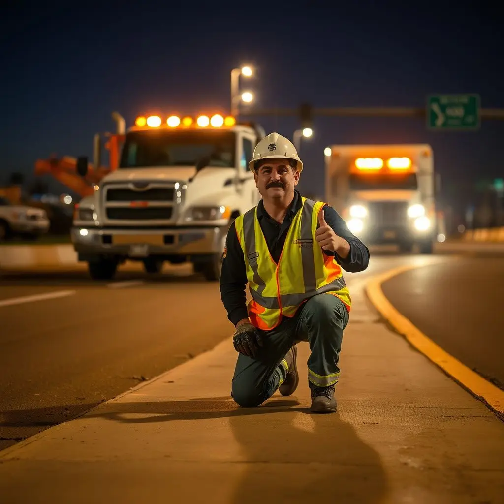 A professional tow truck operator smiling and standing next to a clean flatbed truck in National City.