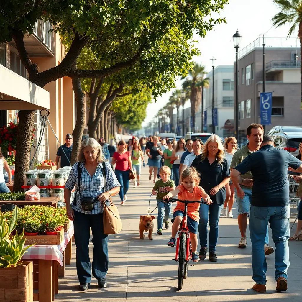 A scenic view of the historic Coronado Village streetscape with palm trees and classic coastal architecture under a soft morning marine layer.