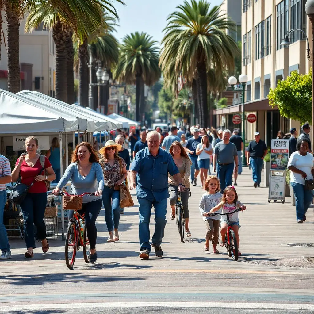 A scenic view of the historic La Mesa Village streetscape with palm trees and Spanish-style architecture under a clear sky