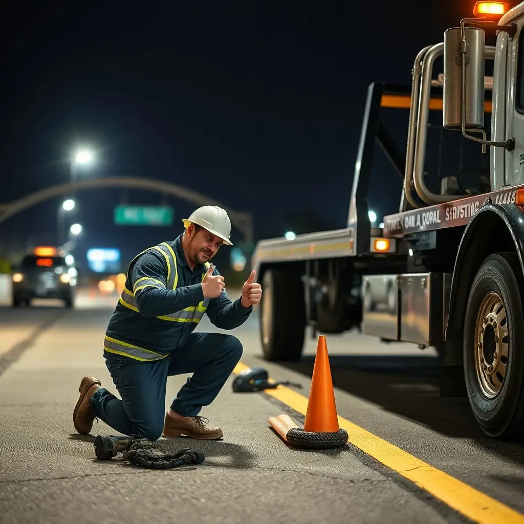 A flatbed tow truck operator safely securing a vehicle on the shoulder of Silver Strand Boulevard in Coronado.