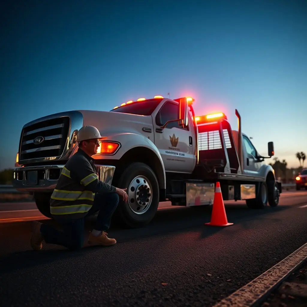A professional tow truck operator in high-visibility safety gear securing a vehicle onto a flatbed truck in San Diego.