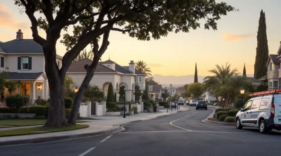 A professional flatbed tow truck parked on a steep hillside residential street in Spring Valley, CA during sunset.